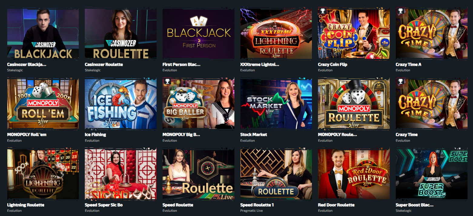 Capture du lobby des jeux en direct de Casinozer