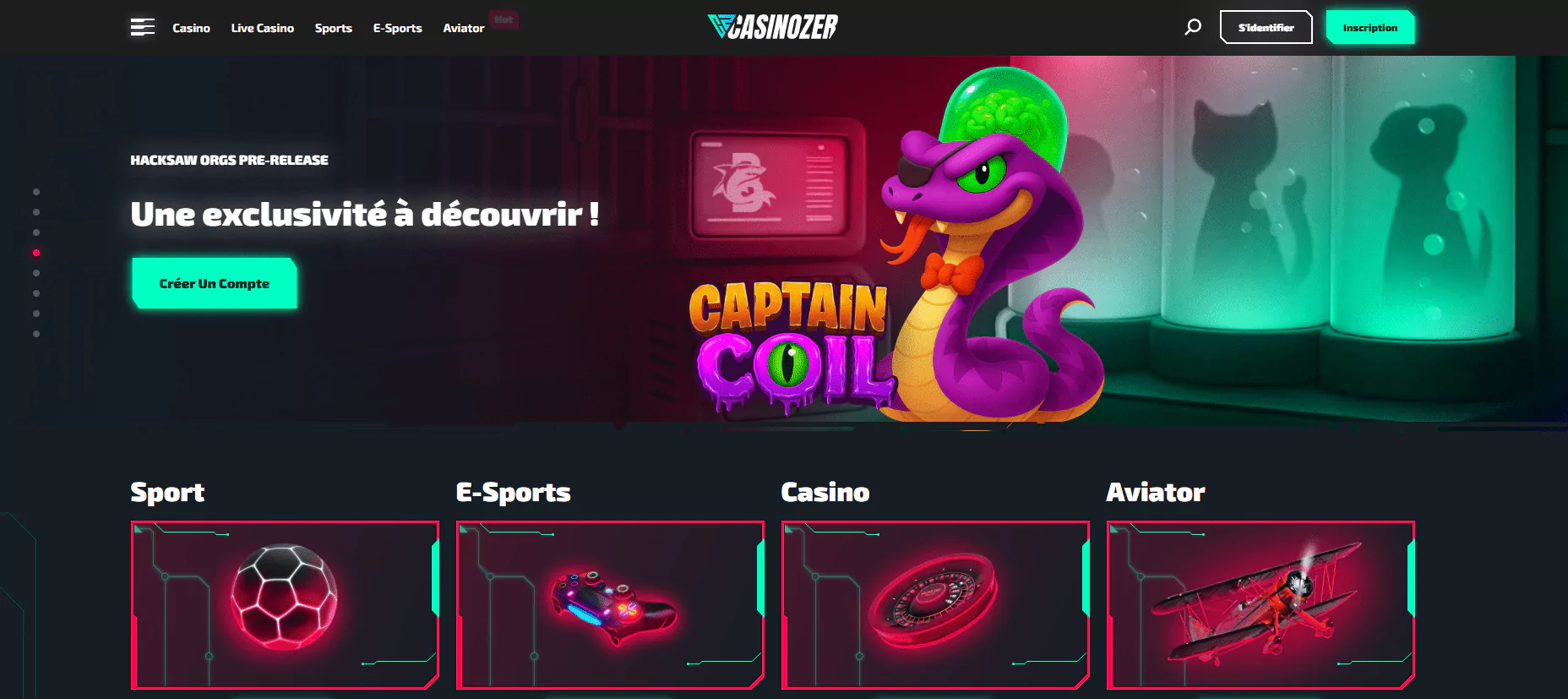 Capture de la page d'accueil de Casinozer avec les rubriques Sport, E-Sports, Casino et Aviator