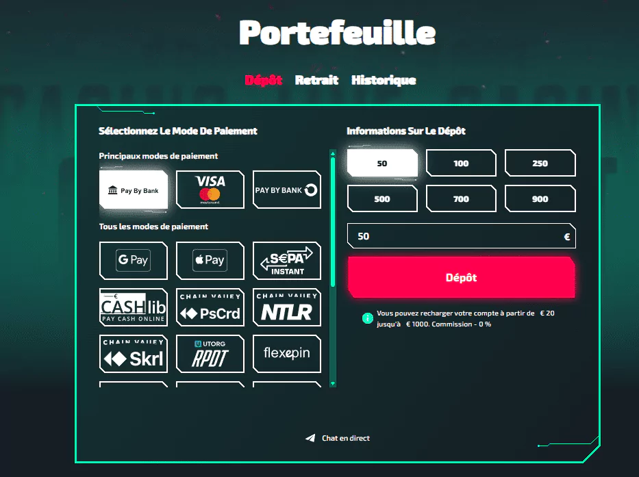Capture de l'écran de dépôt du portefeuille Casinozer