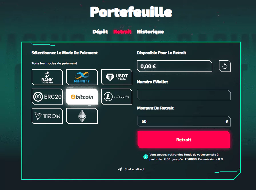 Capture de l'écran de retrait du portefeuille Casinozer