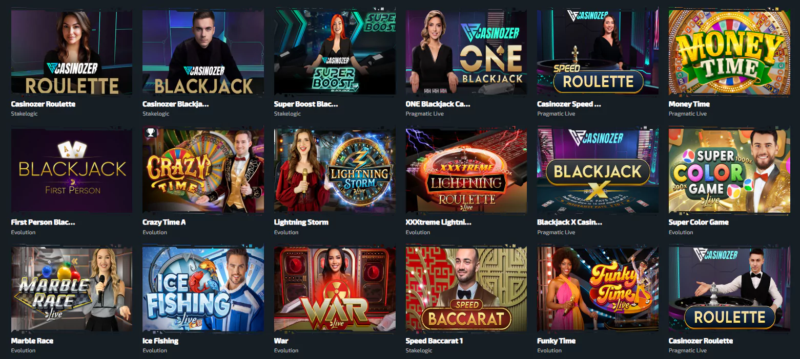 Capture d'une sélection de tables en direct sur Casinozer